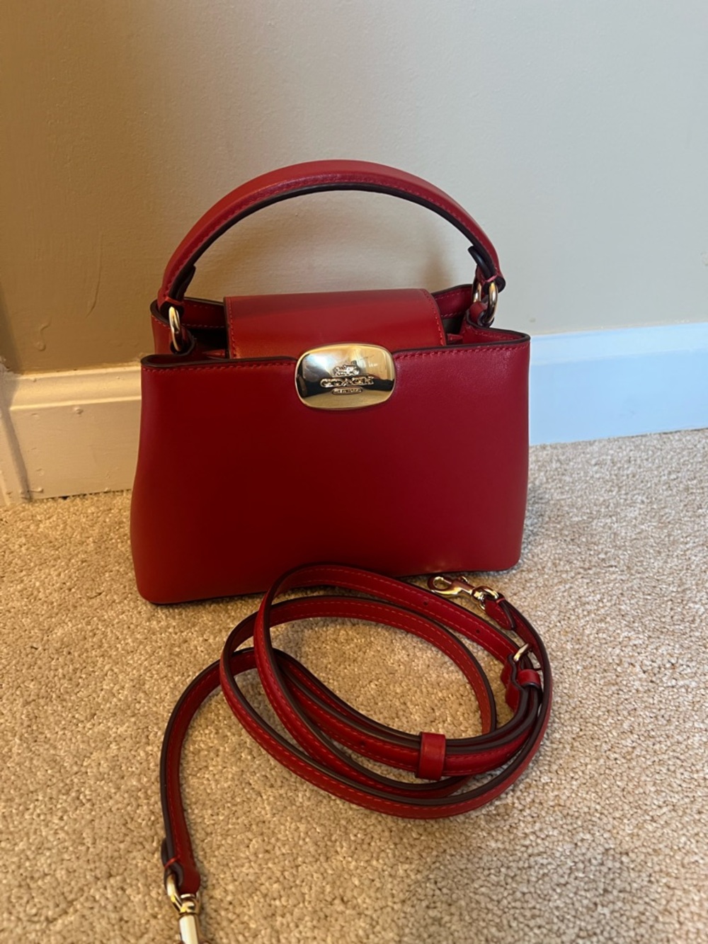 Coach Eliza Red Smooth Leather Mini Top Handle Satchel with Strap